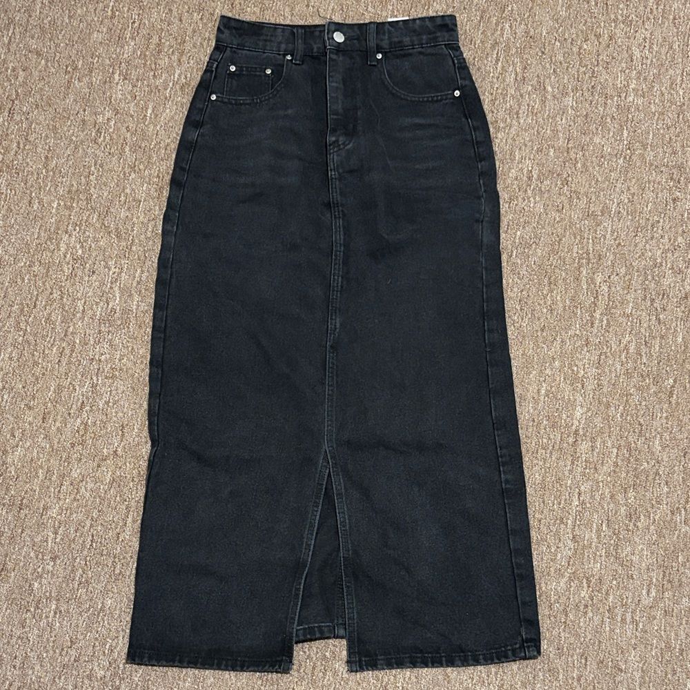 Classic Black Denim Midi Skirt